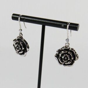 Silver Tone Rose Earrings with Clear Rhinestones